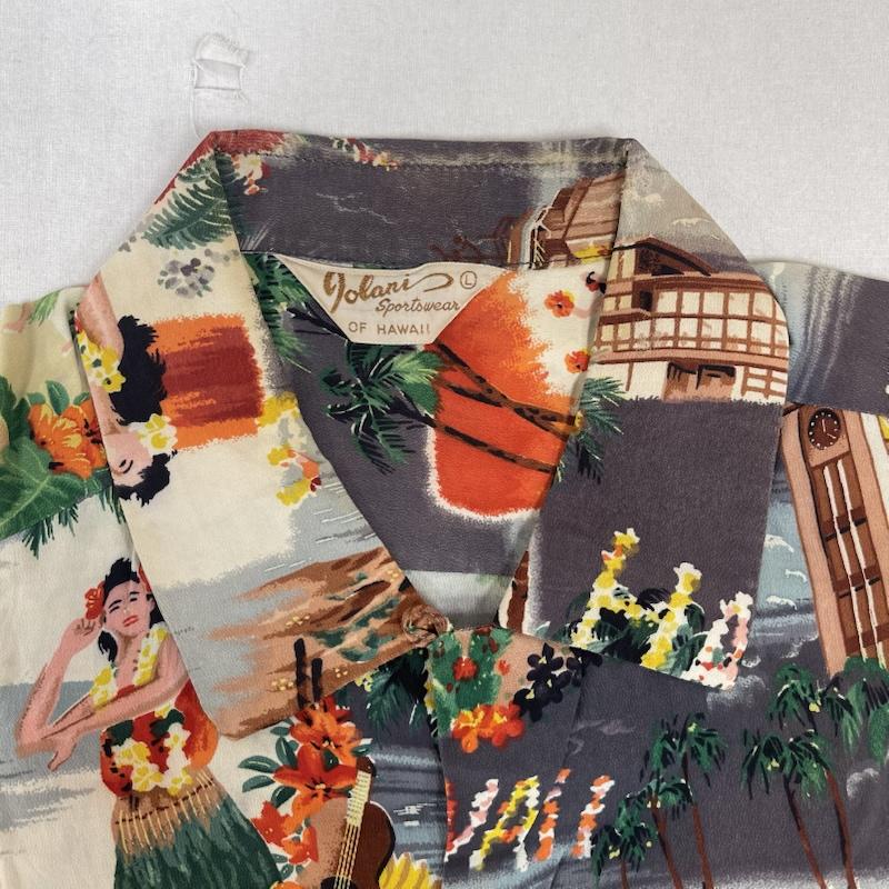 イオラニ IOLANI シャツ、ブラウス 半袖 50s SPORTSWEAR HULA GIRL & ALOHA TOWER PATTERN アロハシャツ L 灰 / グレー / gray メンズ USED 古着 中古 50155860