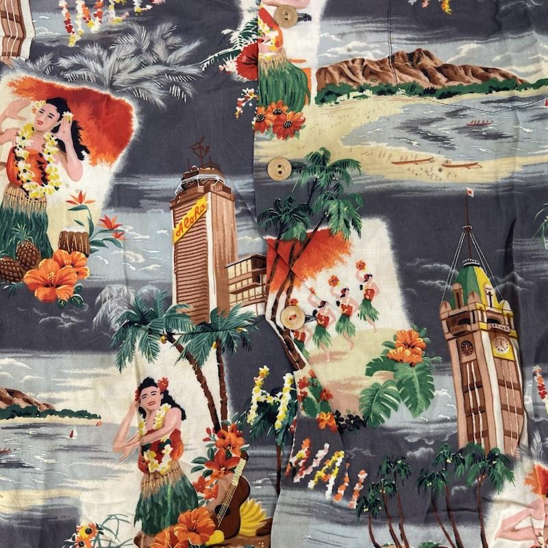 イオラニ IOLANI シャツ、ブラウス 半袖 50s SPORTSWEAR HULA GIRL & ALOHA TOWER PATTERN アロハシャツ L 灰 / グレー / gray メンズ USED 古着 中古 50155860