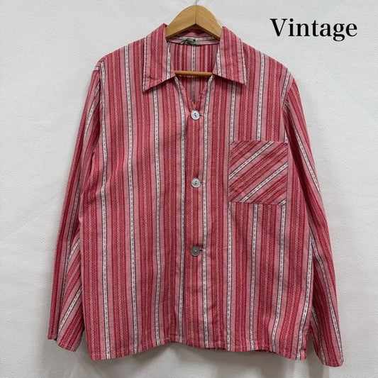 ヴィンテージ VINTAGE シャツ、ブラウス 長袖 ストライプ 長袖 シャツ ポケット ヴィンテージ 46 ストライプ X 刺繍 赤 / レッド / red X 白 / ホワイト / white X 黒 / ブラック / black メンズ USED 古着 中古 50156236