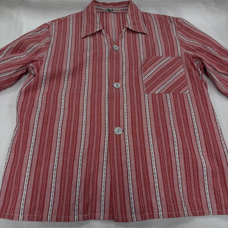 ヴィンテージ VINTAGE シャツ、ブラウス 長袖 ストライプ 長袖 シャツ ポケット ヴィンテージ 46 ストライプ X 刺繍 赤 / レッド / red X 白 / ホワイト / white X 黒 / ブラック / black メンズ USED 古着 中古 50156236