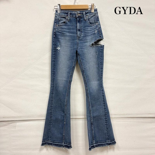 ジェイダ GYDA パンツ デニム、ジーンズ ハイウエスト デザイン フレア デニム クラッシュ ダメージ ストレッチ M ダメージ加工 青 / ブルー / blue レディース USED 古着 中古 50156375