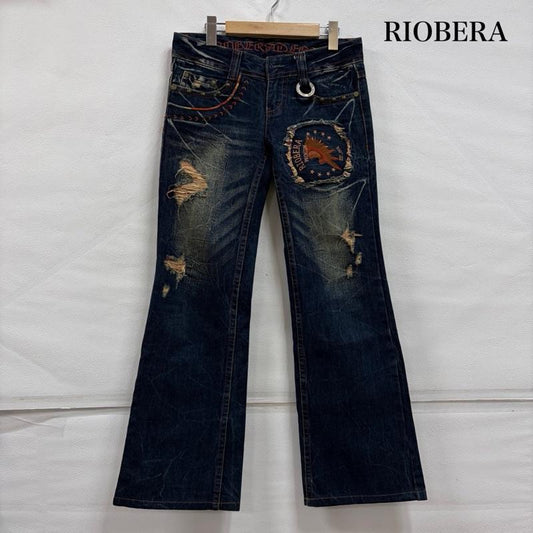 リオベラ RIOBERA パンツ デニム、ジーンズ ローライズ ブーツカット デニム 刺繍 ダメージ クラッシュ Y2K 韓国 26インチ 刺繍 X ダメージ加工 インディゴ / インディゴ / Indigo X マルチカラー / マルチカラー / multicolor レディース USED 古着 中古 50156379