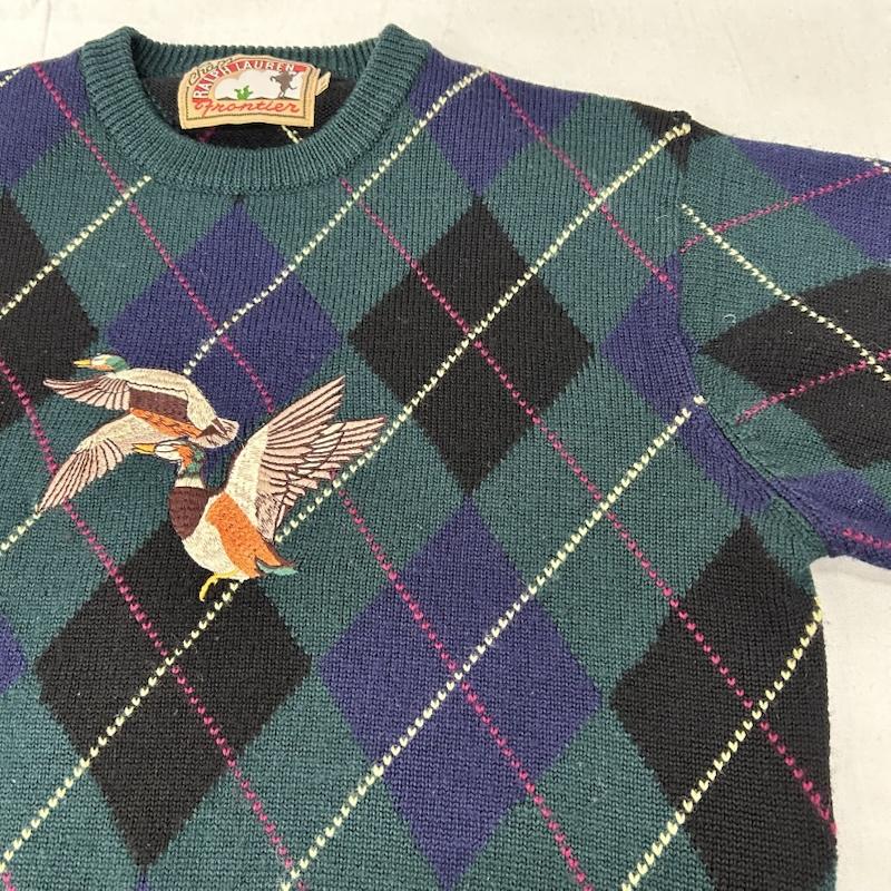 チャップスラルフローレン CHAPSRALPHLAUREN ニット、セーター 長袖 90s アーガイルニット カモ刺繍 green M M チェック X 刺繍 緑 / グリーン / green メンズ USED 古着 中古 50156427