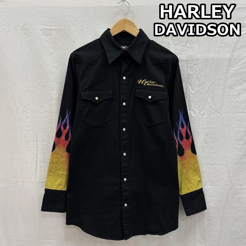 ハーレーダビッドソン Harley-Davidson シャツ、ブラウス 長袖 ファイヤー パターン スリーブ 長袖 ウエスタン シャツ SCOVILL スコビルボタン フレイム M 黒 / ブラック / black メンズ USED 古着 中古 50156477