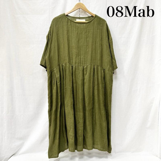 ゼロハチマブ 08Mab ワンピース ロングスカート ヘリンボーン リネンワイドワンピース green FREE - 無地 緑 / グリーン / green レディース USED 古着 中古 50156811