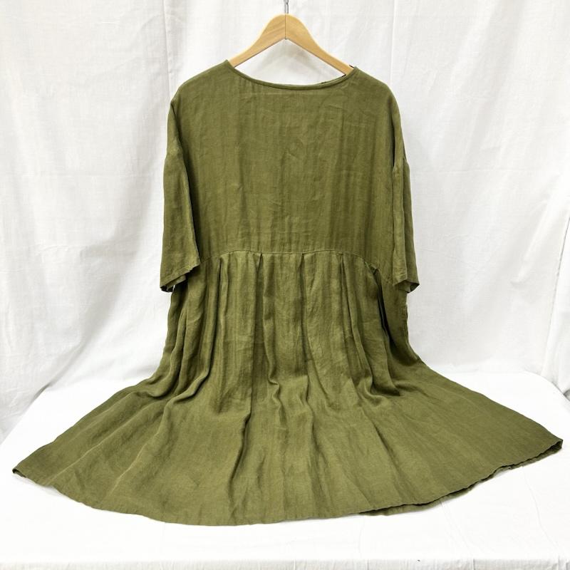 ゼロハチマブ 08Mab ワンピース ロングスカート ヘリンボーン リネンワイドワンピース green FREE - 無地 緑 / グリーン / green レディース USED 古着 中古 50156811