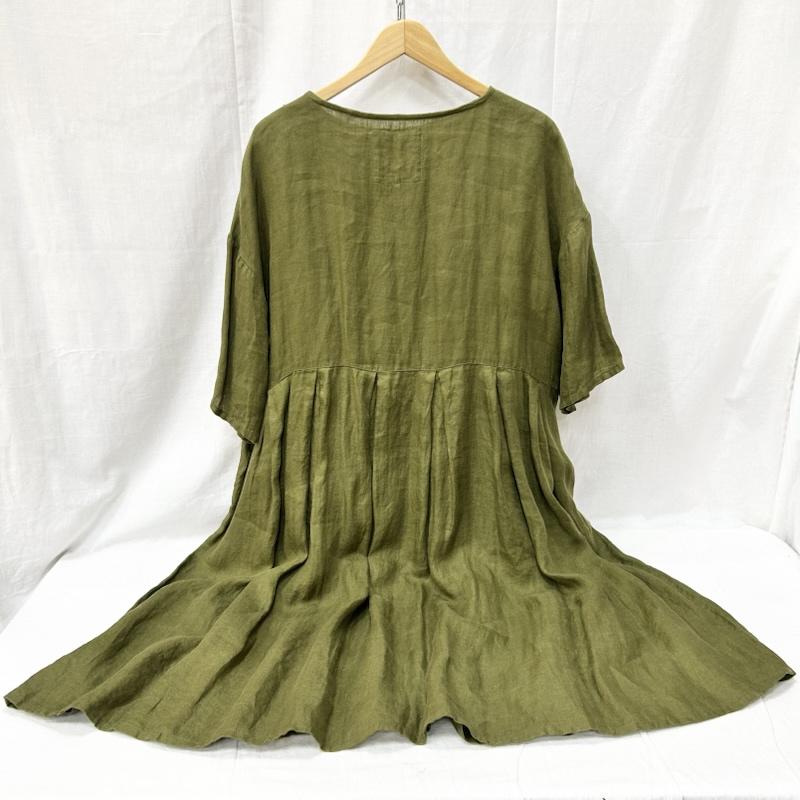 ゼロハチマブ 08Mab ワンピース ロングスカート ヘリンボーン リネンワイドワンピース green FREE - 無地 緑 / グリーン / green レディース USED 古着 中古 50156811