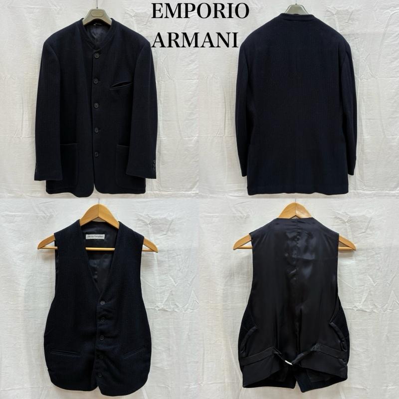 エンポリオアルマーニ EMPORIO ARMANI コート コート一般 ナイロン混 ウール バンドカラー ボタン ジャケット ハーフコート ベスト 2P セット 50 紺 / ネイビー / navy メンズ USED 古着 中古 50156865