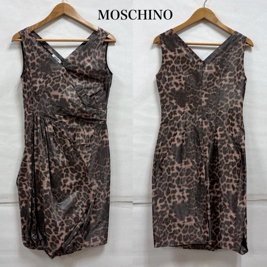 モスキーノ MOSCHINO ワンピース ひざ丈スカート レオパード ノースリーブ ワンピース アニマル ヒョウ柄 ドレス ギャザー デザイン - ヒョウ柄・レオパード柄 ベージュ / ベージュ / beige X 茶 / ブラウン / brown レディース USED 古着 中古 50156891