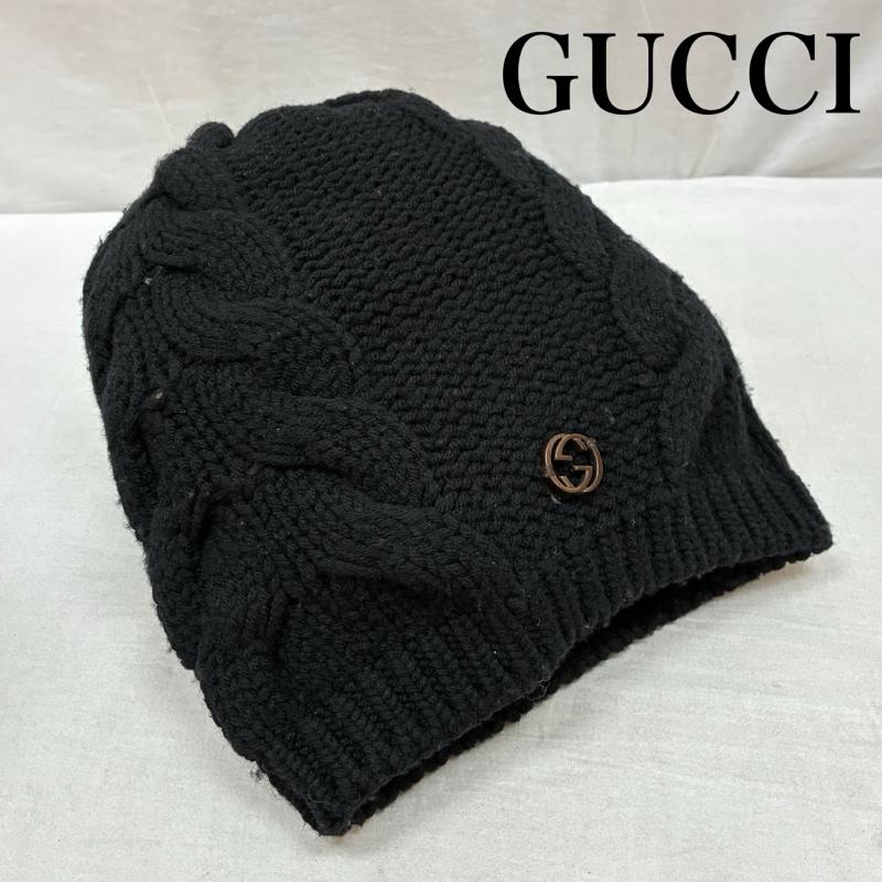 グッチ GUCCI 帽子 ニット帽 インターロッキングG ウール ケーブル ニット キャップ 300052 - ワンポイント X ロゴ、文字 黒 / ブラック / black メンズ USED 古着 中古 50157166