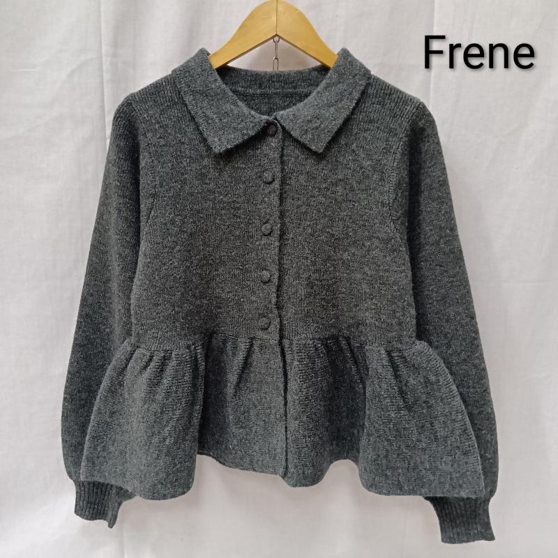 古着 USED カーディガン 長袖 Frene ポロ襟付きペプラムシルエットカーディガン グレー FREE FREE 無地 灰 / グレー / gray レディース USED 古着 中古 50157214