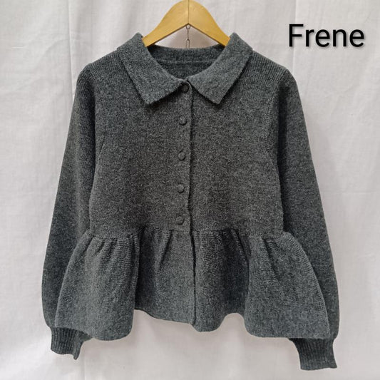 古着 USED カーディガン 長袖 Frene ポロ襟付きペプラムシルエットカーディガン グレー FREE FREE 無地 灰 / グレー / gray レディース USED 古着 中古 50157214
