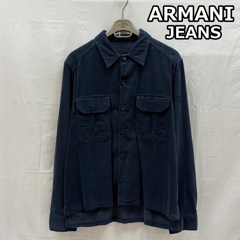 アルマーニ ジーンズ ARMANI JEANS シャツ、ブラウス 長袖 レギュラーカラー フラップ ポケット コットン ロングスリーブ シャツ イタリア製 XL ワンポイント X ロゴ、文字 X 刺繍 紺 / ネイビー / navy メンズ USED 古着 中古 50157331