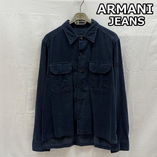 アルマーニ ジーンズ ARMANI JEANS シャツ、ブラウス 長袖 レギュラーカラー フラップ ポケット コットン ロングスリーブ シャツ イタリア製 XL ワンポイント X ロゴ、文字 X 刺繍 紺 / ネイビー / navy メンズ USED 古着 中古 50157331