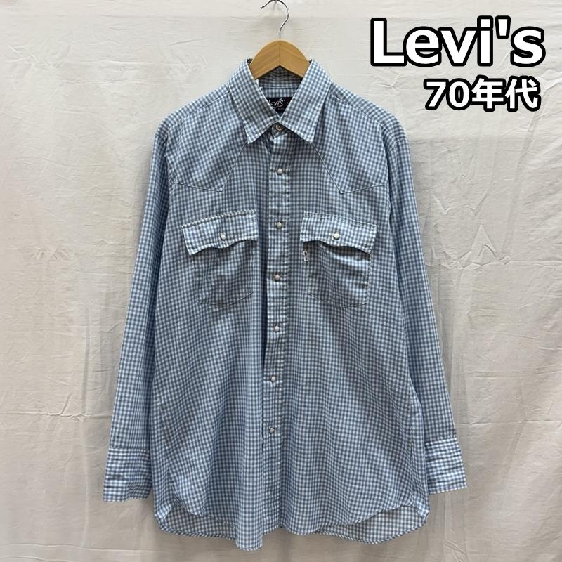 リーバイス Levi s シャツ、ブラウス 長袖 70s USA製 ポリエステル コットン ギンガム チェック ウェスタン シャツ L チェック 白 / ホワイト / white X 水色 / ライトブルー / メンズ USED 古着 中古 50157334