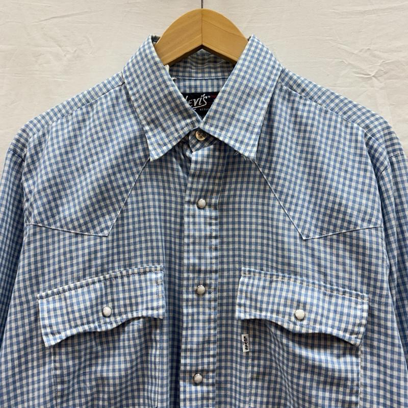 リーバイス Levi s シャツ、ブラウス 長袖 70s USA製 ポリエステル コットン ギンガム チェック ウェスタン シャツ L チェック 白 / ホワイト / white X 水色 / ライトブルー / メンズ USED 古着 中古 50157334