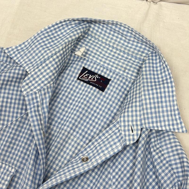 リーバイス Levi s シャツ、ブラウス 長袖 70s USA製 ポリエステル コットン ギンガム チェック ウェスタン シャツ L チェック 白 / ホワイト / white X 水色 / ライトブルー / メンズ USED 古着 中古 50157334