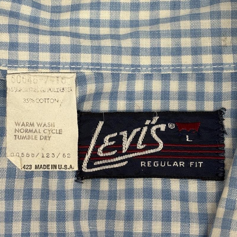 リーバイス Levi s シャツ、ブラウス 長袖 70s USA製 ポリエステル コットン ギンガム チェック ウェスタン シャツ L チェック 白 / ホワイト / white X 水色 / ライトブルー / メンズ USED 古着 中古 50157334