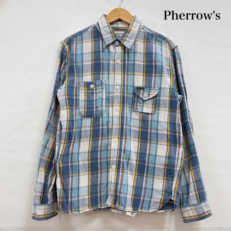 フェローズ Pherrow s シャツ、ブラウス 長袖 ガチャポケ チェック コットン フランネル 長袖 ネルシャツ 日本製 38 チェック 青 / ブルー / blue X 白 / ホワイト / white X 水色 / ライトブルー / メンズ USED 古着 中古 50157429