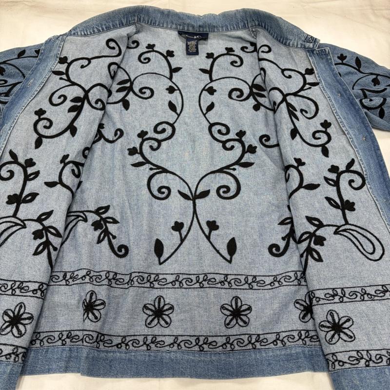 古着 USED ジャケット、上着 ジャケット、ブレザー DENIM&CO. デニムジャケット 総刺繍 フラワー 花 カバーオール ダンガリーシャツ XL 総柄 X 刺繍 青 / ブルー / blue X 黒 / ブラック / black レディース USED 古着 中古 50157474
