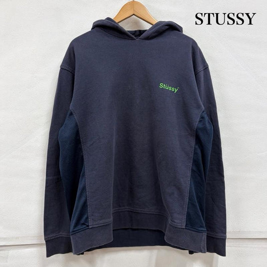 ステューシー STUSSY パーカー 長袖 90’s OLD オールド ロゴ 両面 プリント プルオーバー フーディー パーカー サイド メッシュ 紺タグ XL ロゴ、文字 X プリント 紺 / ネイビー / navy X 緑 / グリーン / green メンズ USED 古着 中古 50157500