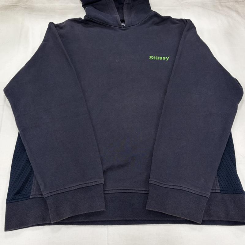 ステューシー STUSSY パーカー 長袖 90’s OLD オールド ロゴ 両面 プリント プルオーバー フーディー パーカー サイド メッシュ 紺タグ XL ロゴ、文字 X プリント 紺 / ネイビー / navy X 緑 / グリーン / green メンズ USED 古着 中古 50157500