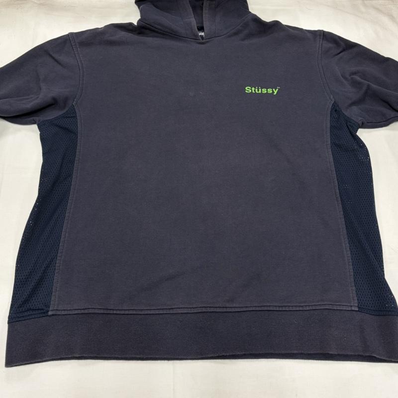 ステューシー STUSSY パーカー 長袖 90’s OLD オールド ロゴ 両面 プリント プルオーバー フーディー パーカー サイド メッシュ 紺タグ XL ロゴ、文字 X プリント 紺 / ネイビー / navy X 緑 / グリーン / green メンズ USED 古着 中古 50157500
