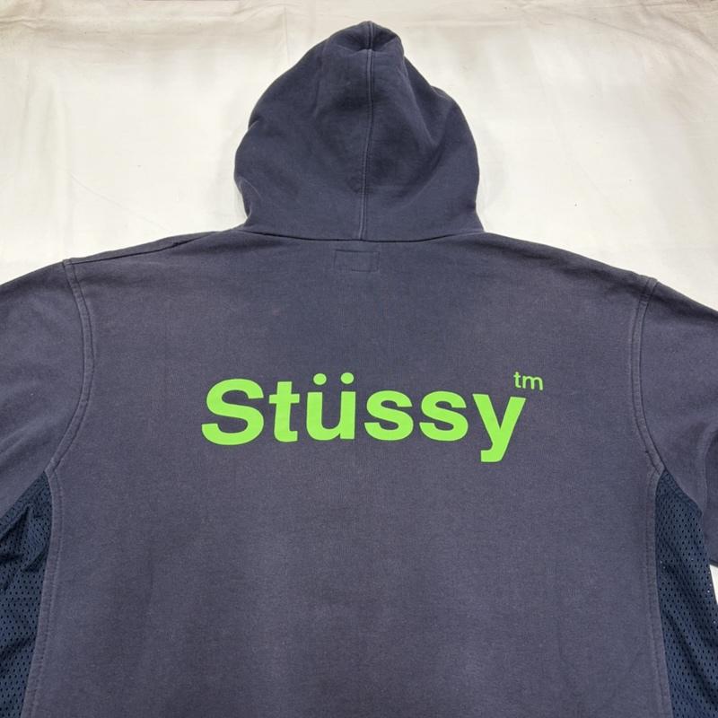 ステューシー STUSSY パーカー 長袖 90’s OLD オールド ロゴ 両面 プリント プルオーバー フーディー パーカー サイド メッシュ 紺タグ XL ロゴ、文字 X プリント 紺 / ネイビー / navy X 緑 / グリーン / green メンズ USED 古着 中古 50157500