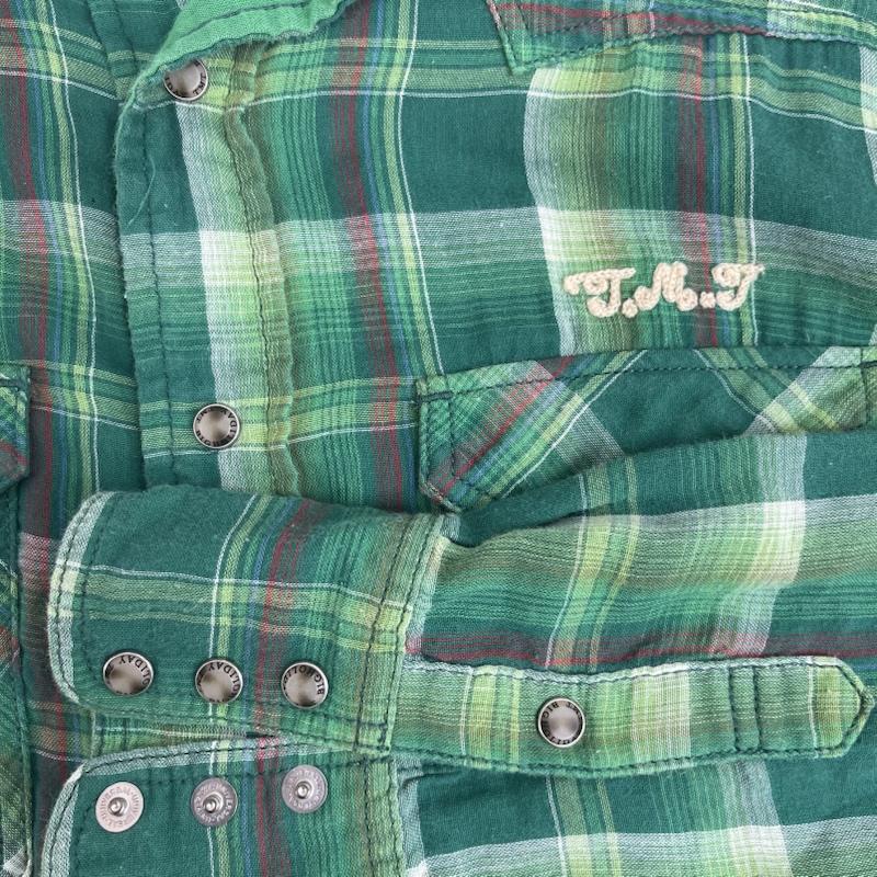 ティーエムティー TMT シャツ、ブラウス 長袖 Big Holiday ロゴ 刺繍 チェック シャツ 緑 / グリーン / green メンズ USED 古着 中古 50157543