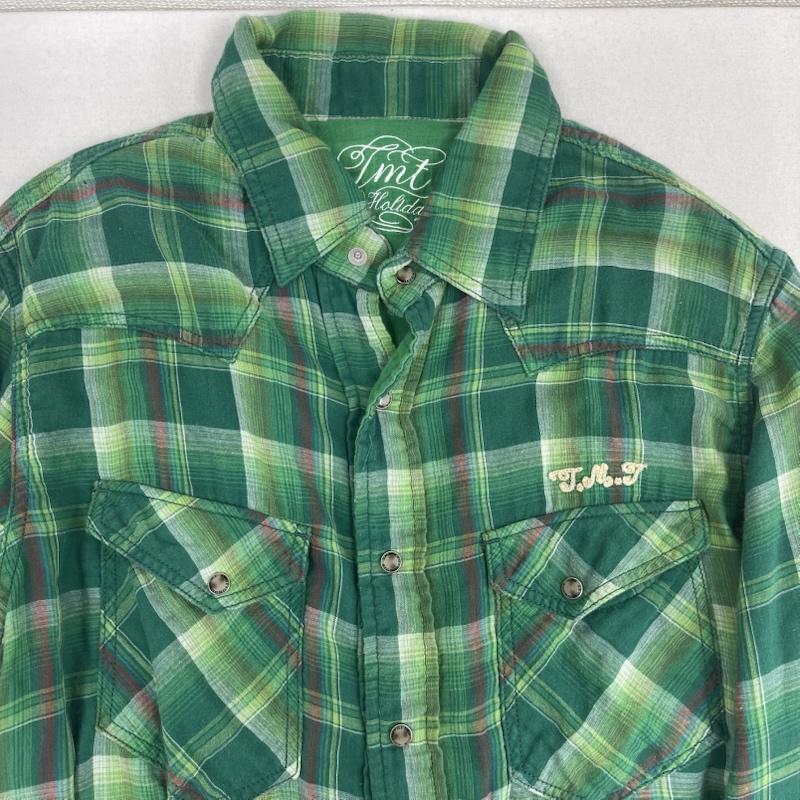 ティーエムティー TMT シャツ、ブラウス 長袖 Big Holiday ロゴ 刺繍 チェック シャツ 緑 / グリーン / green メンズ USED 古着 中古 50157543