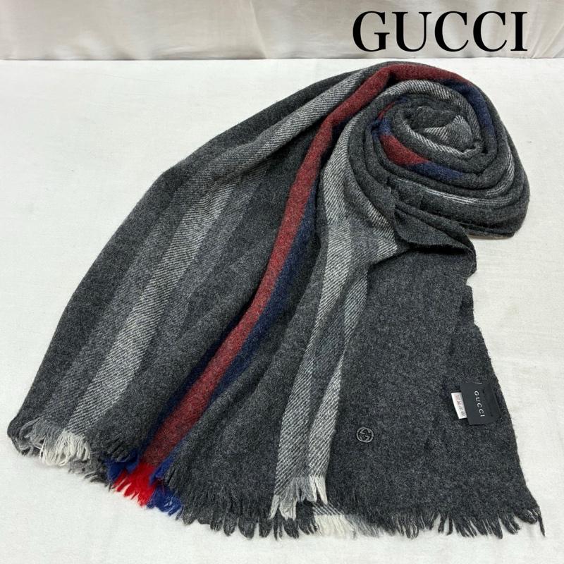 グッチ GUCCI マフラー マフラー インターロッキングG ウール カシミヤ ストライプ フリンジ 大判 マフラー - ストライプ X ワンポイント X ロゴ、文字 灰 / グレー / gray X 赤 / レッド / red X 紺 / ネイビー / navy メンズ USED 古着 中古 50157602