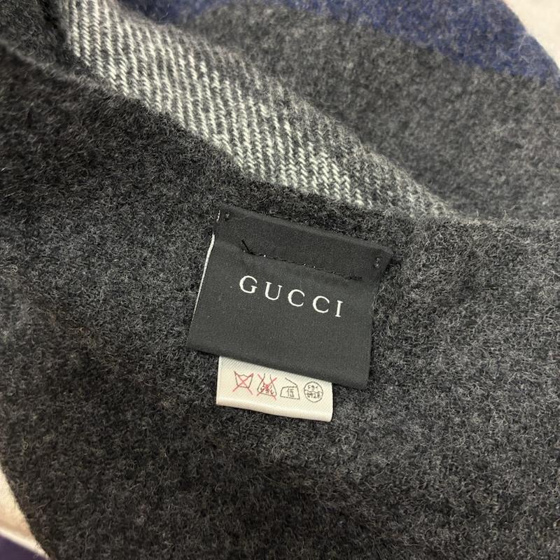 グッチ GUCCI マフラー マフラー インターロッキングG ウール カシミヤ ストライプ フリンジ 大判 マフラー - ストライプ X ワンポイント X ロゴ、文字 灰 / グレー / gray X 赤 / レッド / red X 紺 / ネイビー / navy メンズ USED 古着 中古 50157602