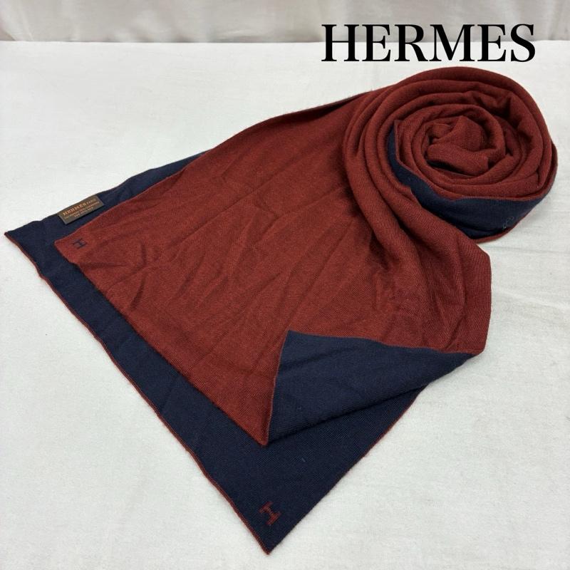 エルメス HERMES マフラー マフラー アレ ルトゥール ダブルフェイス リバーシブル Hロゴ カシミヤ シルク マフラー - ワンポイント X ロゴ、文字 紺 / ネイビー / navy X えんじ / ワインレッド / dark red メンズ USED 古着 中古 50157605