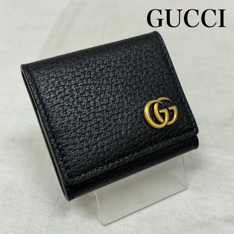 グッチ GUCCI 財布 コンパクト財布 GGマーモント レザー 三つ折り 小銭入れ コインケース ゴールドロゴ 473959 - ロゴ、文字 X ワンポイント 黒 / ブラック / black X 金 / ゴールド / gold color メンズ USED 古着 中古 50157636