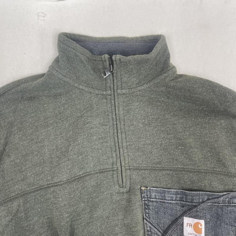 カーハート Carhartt トレーナー 長袖 ハーフジップ デニム ポケット ドッキング リメイク スウェット L 緑 / グリーン / green メンズ USED 古着 中古 50157681