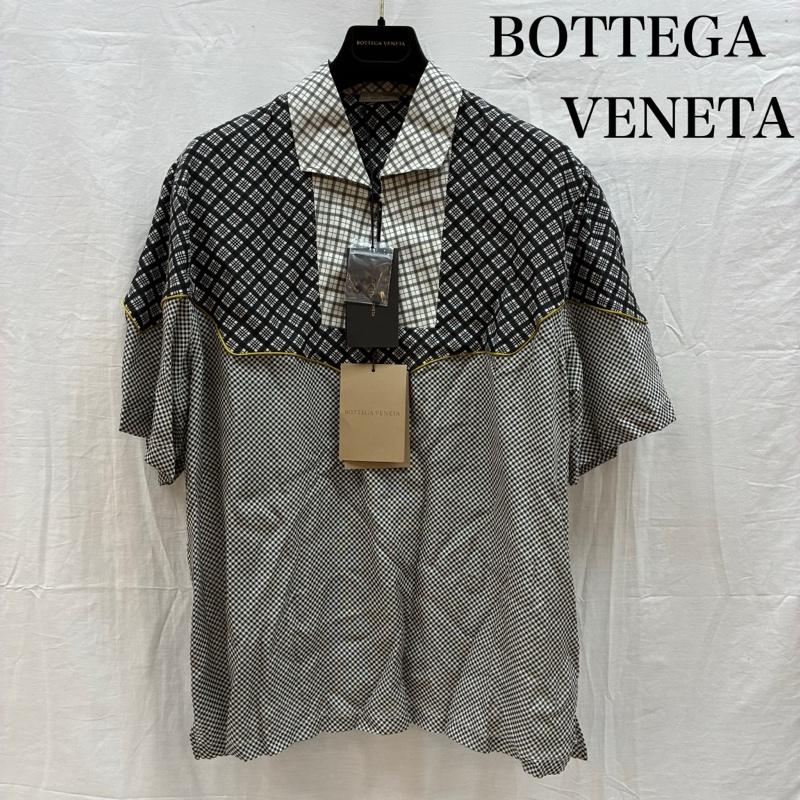 ボッテガヴェネタ BOTTEGA VENETA シャツ、ブラウス 半袖 プルオーバー マルチ チェック プリント シルク シャツ 54 - チェック 白 / ホワイト / white X 黒 / ブラック / black X 灰 / グレー / gray X マスタード / マスタード / メンズ USED 古着 中古 50157725
