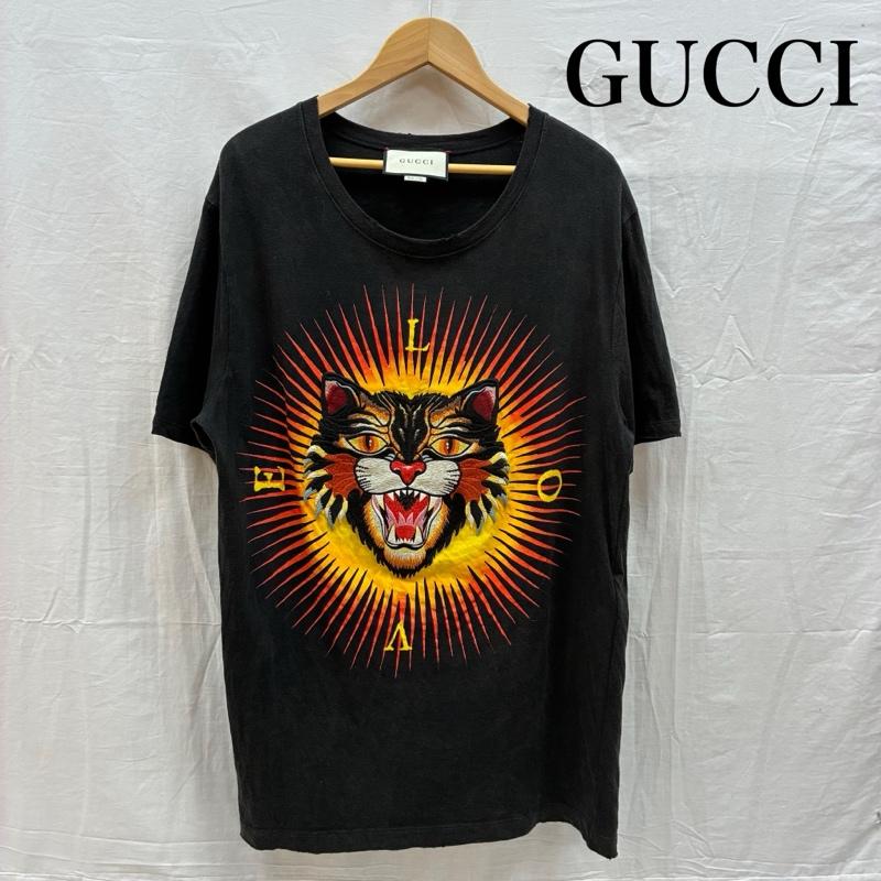 グッチ GUCCI Tシャツ 半袖 アングリー キャット 刺繍 バック プリント ヴィンテージ 加工 Tシャツ 442670 X5U16 XL ロゴ、文字 X 刺繍 X プリント X ダメージ加工 黒 / ブラック / black メンズ USED 古着 中古 50157812