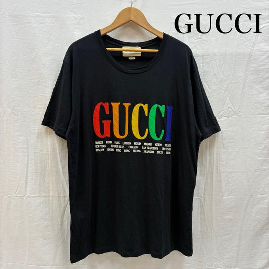 グッチ GUCCI Tシャツ 半袖 フロント ロゴ プリント シティ Tシャツ 493117 X3N77 XL ロゴ、文字 X プリント 黒 / ブラック / black メンズ USED 古着 中古 50157815