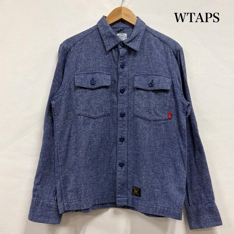 ダブルタップス WTAPS シャツ、ブラウス 長袖 長袖 ワークシャツ コットン リネン ヘリンボーン ダークブルー S ロゴ、文字 X 刺繍 メンズ USED 古着 中古 50158012