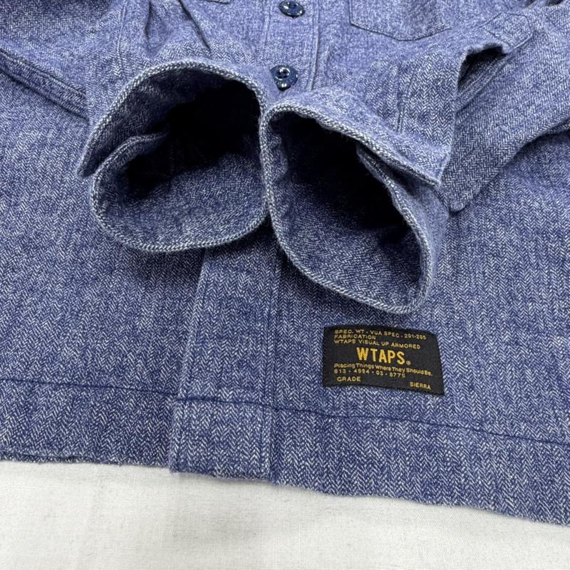 ダブルタップス WTAPS シャツ、ブラウス 長袖 長袖 ワークシャツ コットン リネン ヘリンボーン ダークブルー S ロゴ、文字 X 刺繍 メンズ USED 古着 中古 50158012