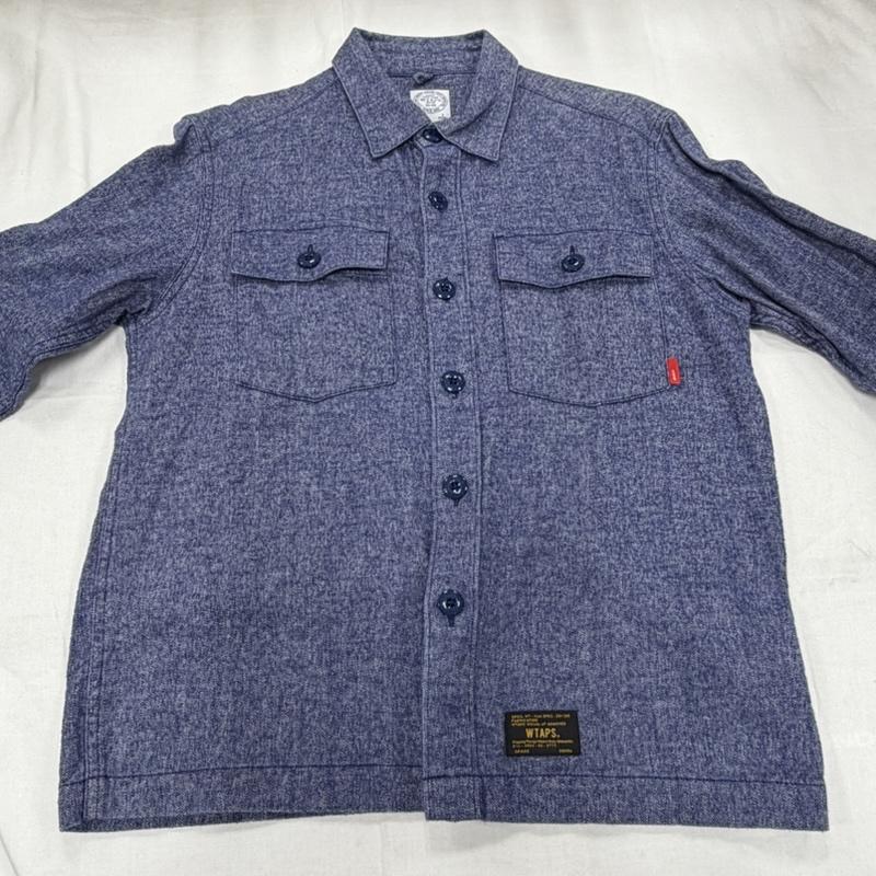 ダブルタップス WTAPS シャツ、ブラウス 長袖 長袖 ワークシャツ コットン リネン ヘリンボーン ダークブルー S ロゴ、文字 X 刺繍 メンズ USED 古着 中古 50158012