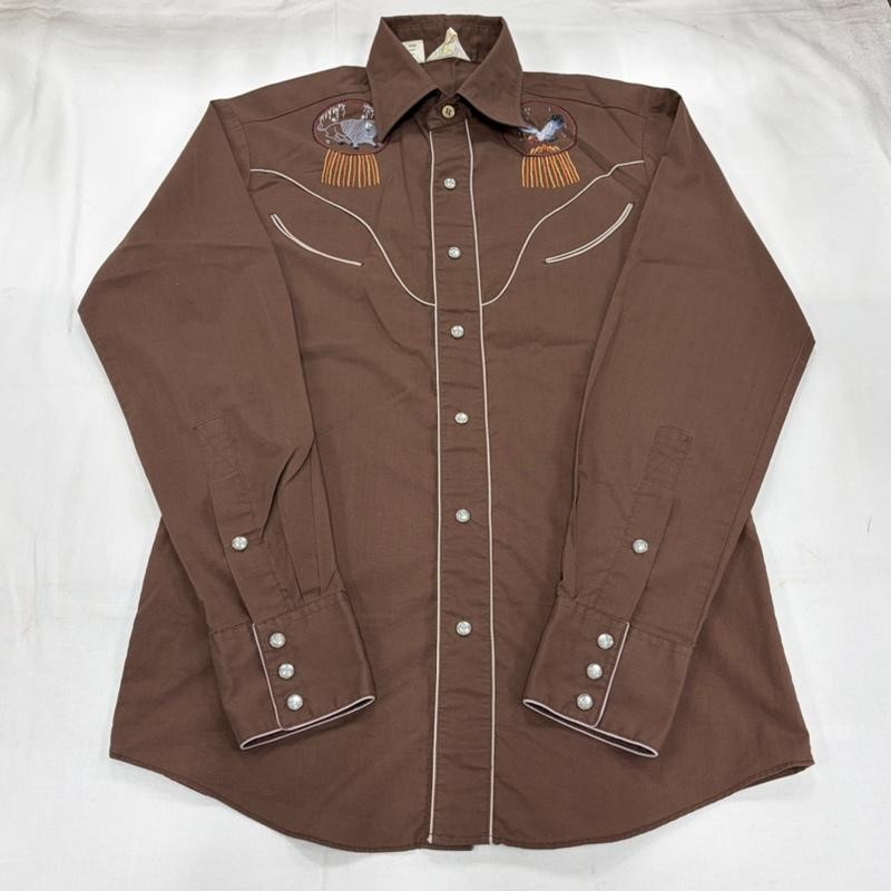 ヴィンテージ VINTAGE シャツ、ブラウス 長袖 70s 80s ヴィンテージ ウエスタン 長袖 シャツ 刺繍 Rocking Ranchwear S 総柄 茶 / ブラウン / brown X マルチカラー / マルチカラー / multicolor メンズ USED 古着 中古 50158014