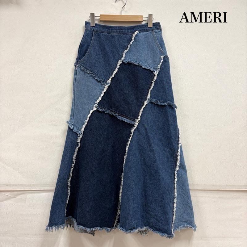アメリ AMERI スカート ロングスカート デニム パッチワーク デザイン ロング スカート フリンジ フレア M インディゴ / インディゴ / Indigo X 水色 / ライトブルー / レディース USED 古着 中古 50158021