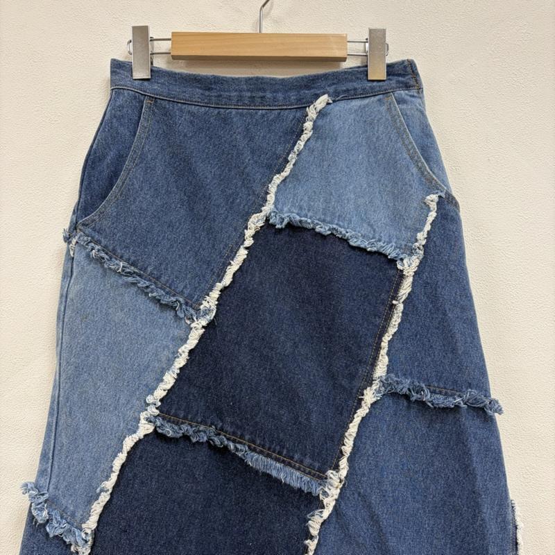 アメリ AMERI スカート ロングスカート デニム パッチワーク デザイン ロング スカート フリンジ フレア M インディゴ / インディゴ / Indigo X 水色 / ライトブルー / レディース USED 古着 中古 50158021