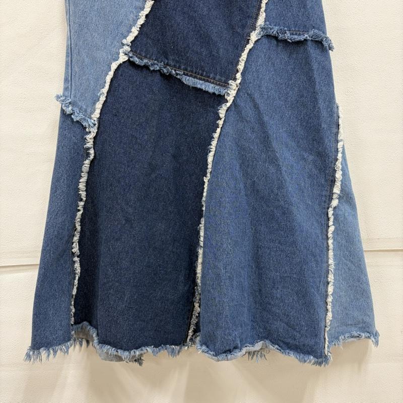 アメリ AMERI スカート ロングスカート デニム パッチワーク デザイン ロング スカート フリンジ フレア M インディゴ / インディゴ / Indigo X 水色 / ライトブルー / レディース USED 古着 中古 50158021