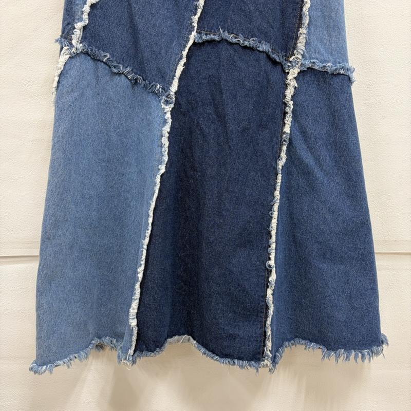 アメリ AMERI スカート ロングスカート デニム パッチワーク デザイン ロング スカート フリンジ フレア M インディゴ / インディゴ / Indigo X 水色 / ライトブルー / レディース USED 古着 中古 50158021