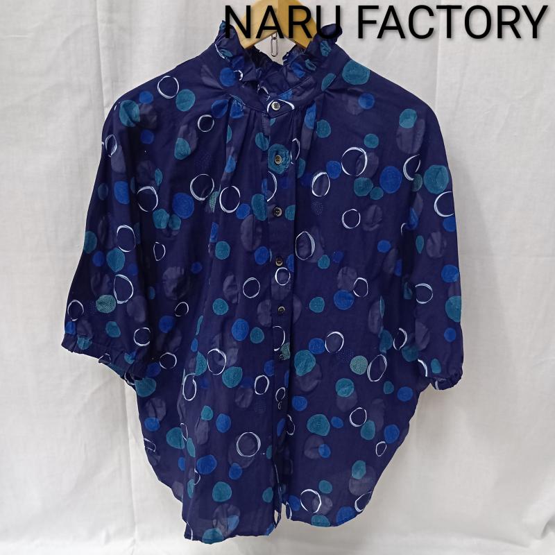 古着 USED シャツ、ブラウス 半袖 NARU FACTORY フリルギャザーデザイン 水玉プリント 半袖シャツブラウス navy cotton100% size:1 1 ドット 紺 / ネイビー / navy レディース USED 古着 中古 50158033