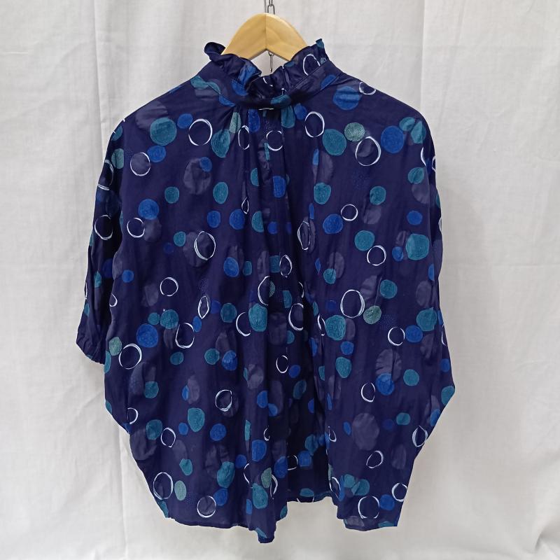 古着 USED シャツ、ブラウス 半袖 NARU FACTORY フリルギャザーデザイン 水玉プリント 半袖シャツブラウス navy cotton100% size:1 1 ドット 紺 / ネイビー / navy レディース USED 古着 中古 50158033