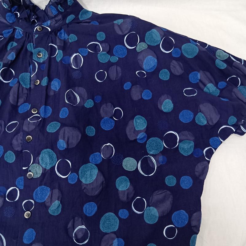 古着 USED シャツ、ブラウス 半袖 NARU FACTORY フリルギャザーデザイン 水玉プリント 半袖シャツブラウス navy cotton100% size:1 1 ドット 紺 / ネイビー / navy レディース USED 古着 中古 50158033