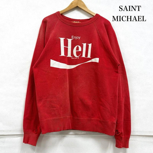 セントマイケル SAINT MICHAEL トレーナー 長袖 SAINT Mxxxxxx ENJOY HELL スウェット トレーナー ヴィンテージ ダメージ 加工 ロゴ プリント L ロゴ、文字 X プリント X ダメージ加工 赤 / レッド / red X 白 / ホワイト / white メンズ USED 古着 中古 50158691